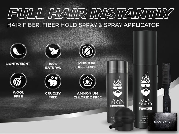 THE MAN KIT | 5-in-1 Hair Set - Hair Thickening Fibers (Black), Hair Fiber Locking Spray + Applicator Fiber Pump to create Natural looking Fuller Hair and Beard | Comb/Brush Combo & Man Card Included.